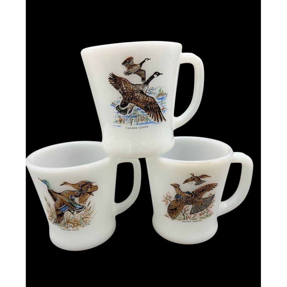 Fire King White Mugs set of 3 with Wildlife Design Duck Hunting